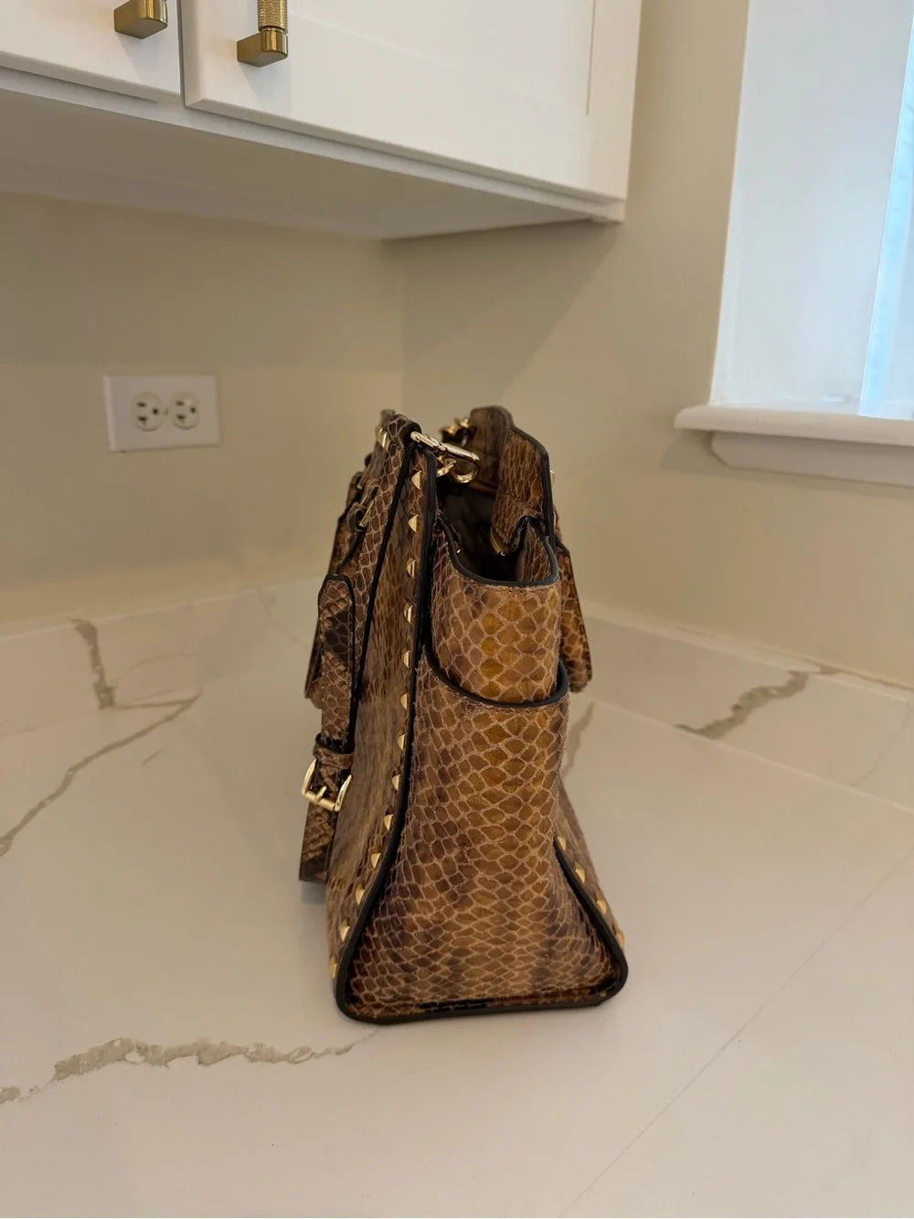 Michael Kors Brown Snake-Embossed Studded Satchel Crossbody Handbag